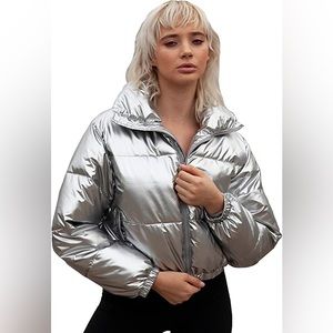 Metallic Silver Cropped Puffer Jacket